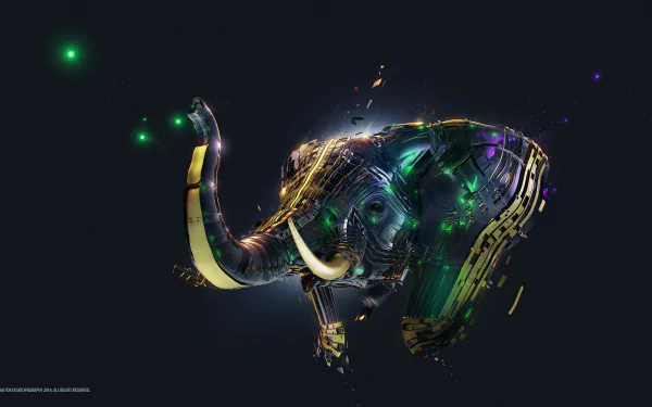 A vibrant, fantasy-themed HD wallpaper featuring a majestic elephant, intricately designed with colorful, futuristic elements against a dark background.