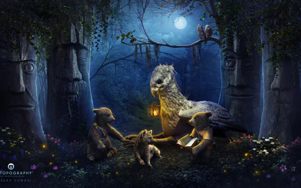 Artistic nighttime forest scene with a griffin holding a lantern surrounded by three bear cubs under a bright moon, framed by ancient stone faces.