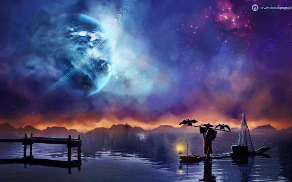 A fisherman stands by a serene lake under a vivid night sky, with a large planet and a colorful galaxy above, creating a captivating fantasy scene for a stunning desktop wallpaper.