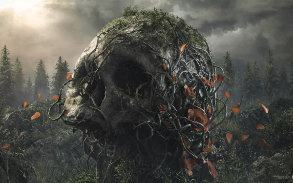 Artistic HD desktop wallpaper featuring a dark, moss-covered skull surrounded by a misty forest with drifting orange leaves, from Desktopography.