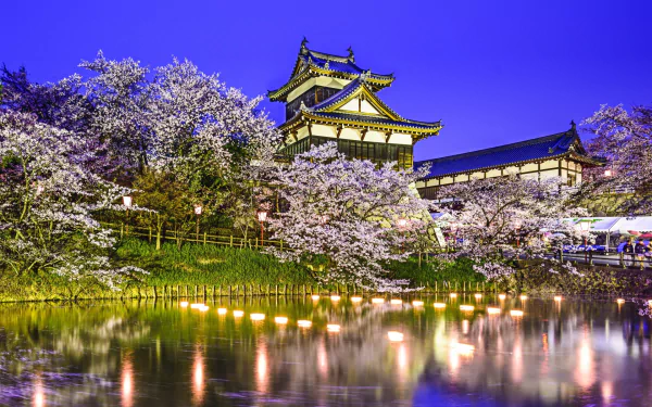 Serene night view of Koriyama Castle in Yamato Koriyama, Japan, surrounded by vibrant cherry blossoms reflecting in the calm water, creating a picturesque man-made landscape.