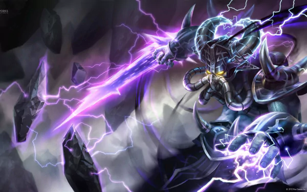HD PC desktop wallpaper featuring Kassadin from League of Legends, depicted as a dark, armored figure wielding a glowing purple energy blade amid electric sparks.