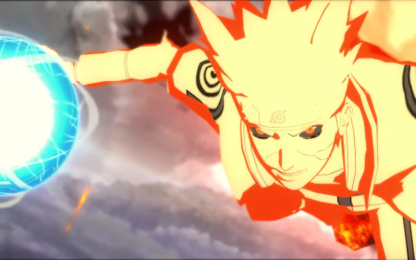 Naruto, in his iconic outfit, unleashes a Rasengan against a dramatic background. This HD wallpaper captures the action from Naruto Shippuden: Ultimate Ninja Storm Revolution.
