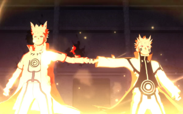 Minato Namikaze and Naruto unite in a powerful moment, surrounded by vibrant energy, from the game Naruto Shippuden: Ultimate Ninja Storm Revolution. HD wallpaper backdrop.