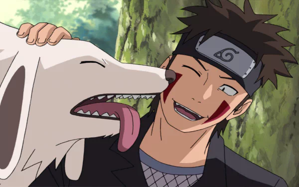 Naruto and Akamaru from Naruto Shippuden: Ultimate Ninja Storm Revolution in a joyful moment. This HD desktop wallpaper features Kiba Inuzuka with Akamaru affectionately licking his face in a forest setting.
