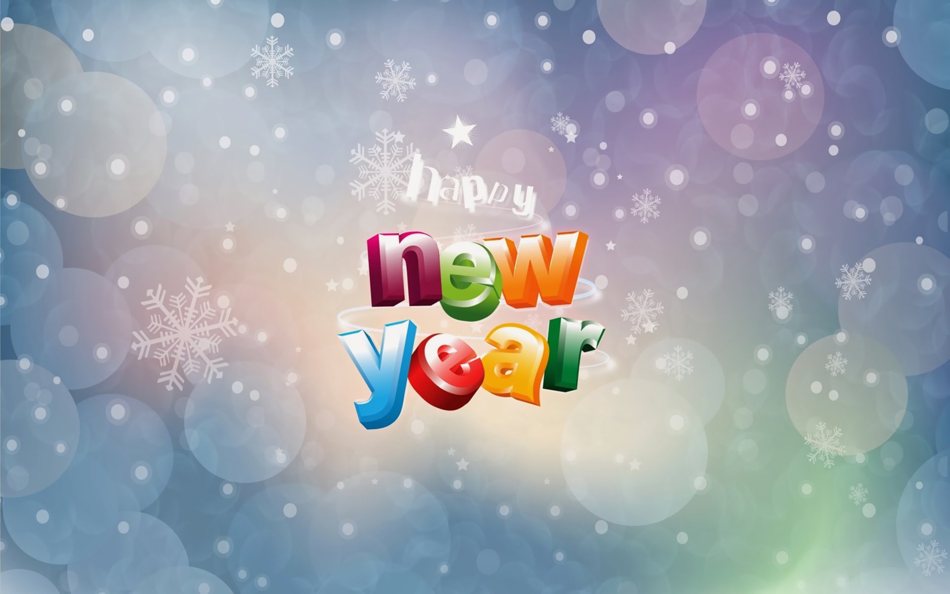 Colorful Happy New Year text with snowflakes and bokeh lights on a festive background, designed as an HD PC desktop wallpaper for holiday celebrations.