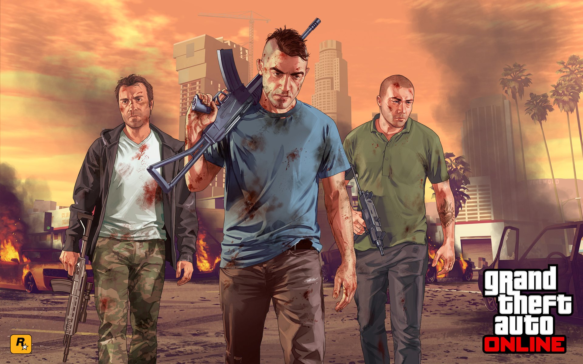 HD wallpaper featuring characters from Grand Theft Auto V, standing confidently in a fiery urban landscape, showcasing the intense atmosphere of the game.