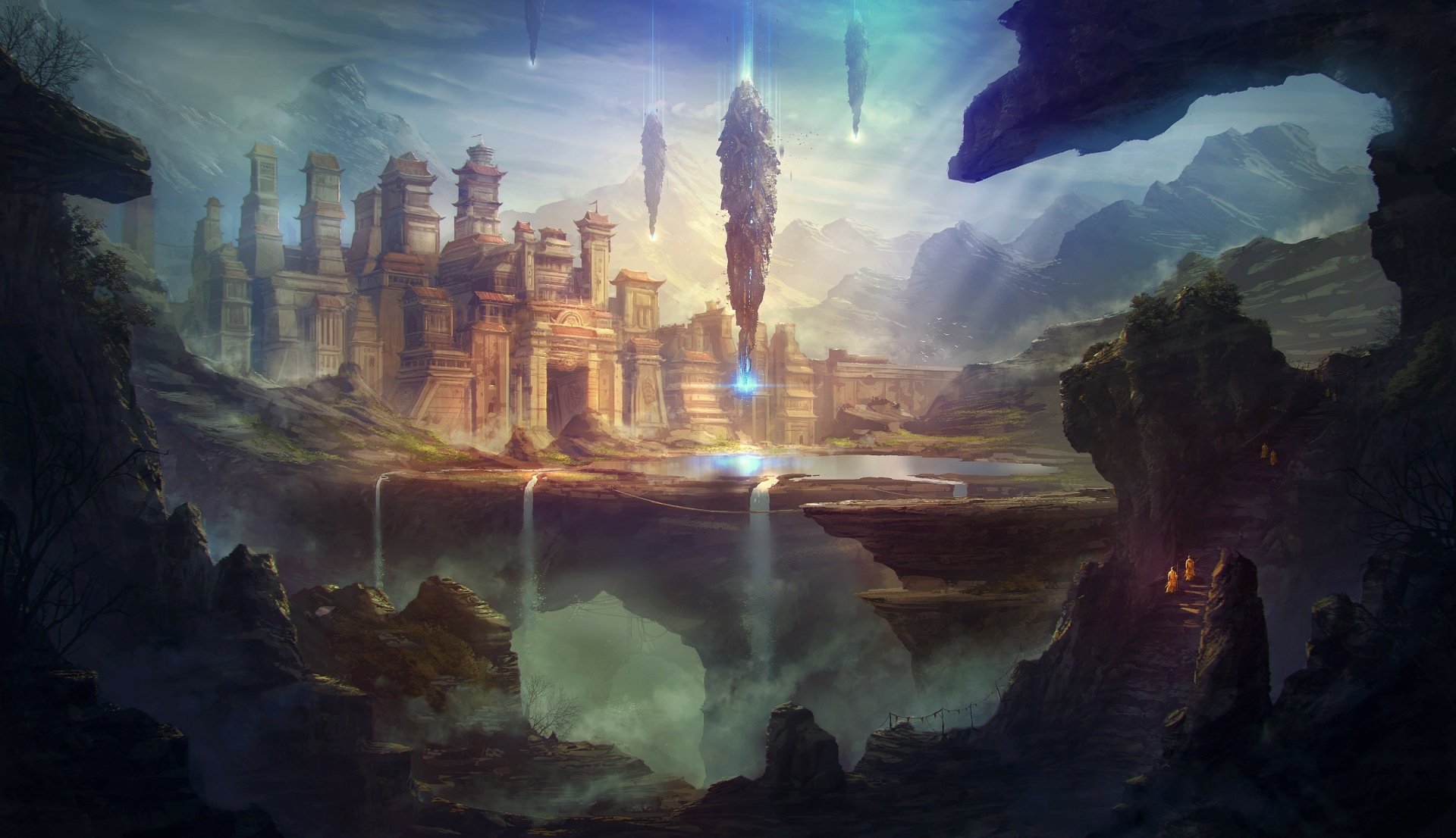 A stunning fantasy landscape featuring a majestic castle surrounded by waterfalls and mountains, enhanced by ethereal floating elements, creating a captivating HD wallpaper scene.