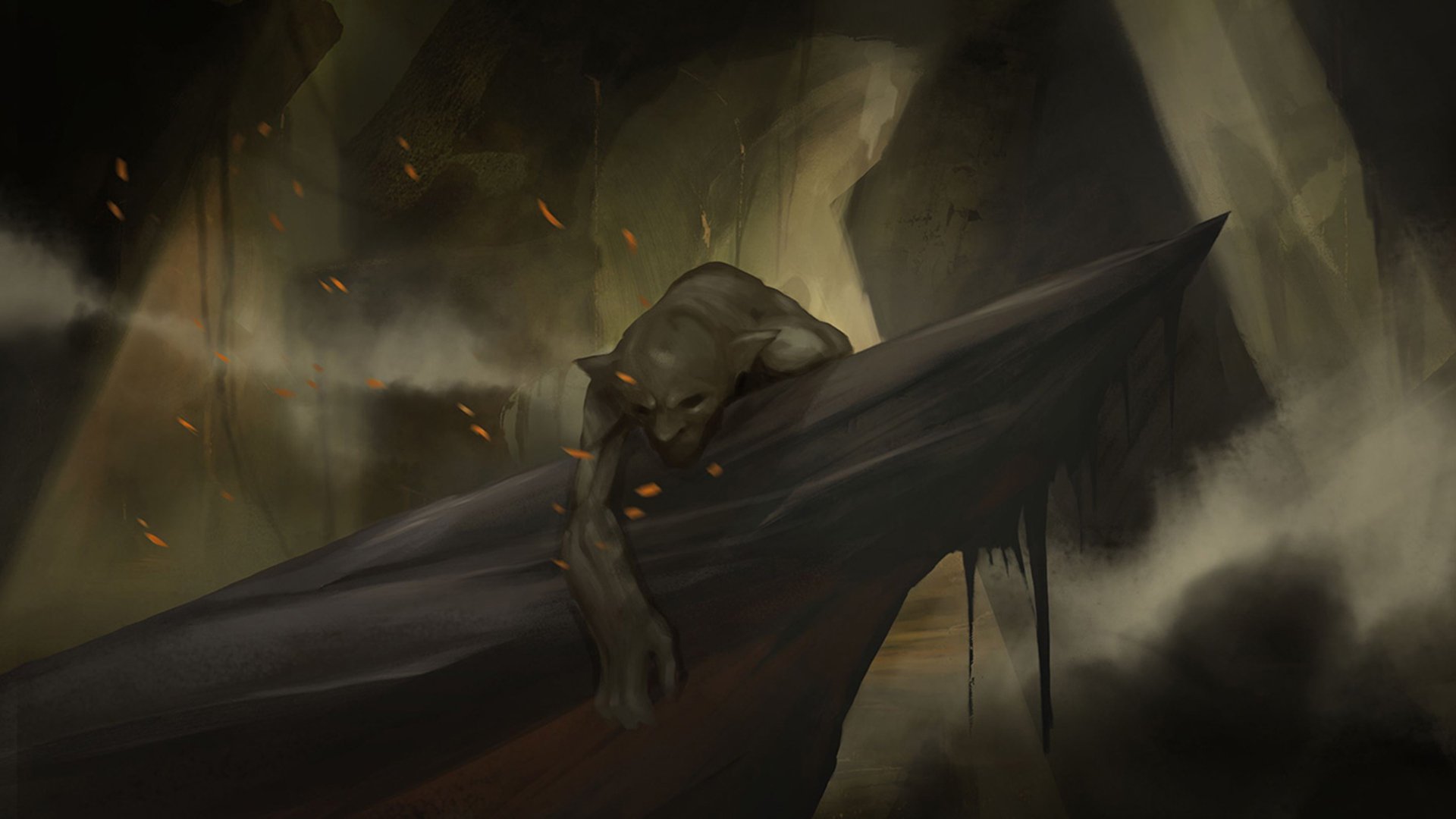 HD PC desktop wallpaper featuring a shadowy figure from the video game Styx: Master of Shadows crouching on a beam in a dark, smoky environment.