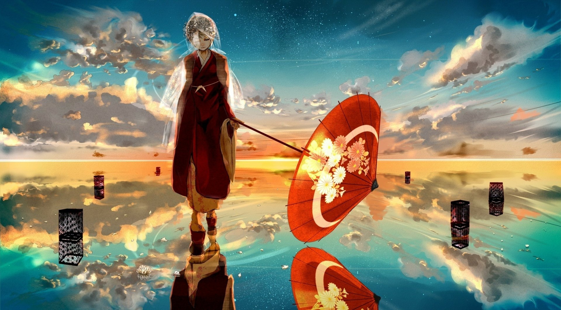 HD wallpaper featuring Rin Kagamine in a traditional costume holding a lantern and umbrella, standing on water with reflections, against a vibrant sunset sky with clouds.
