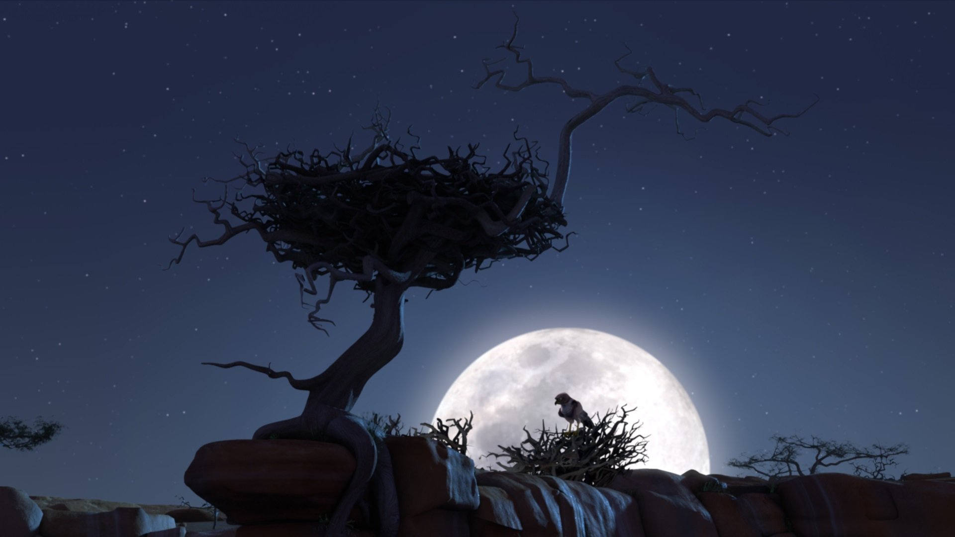 HD PC desktop wallpaper from the movie Khumba showing a silhouetted bird perched in a nest on a twisted tree branch under a large full moon in a starry night sky.