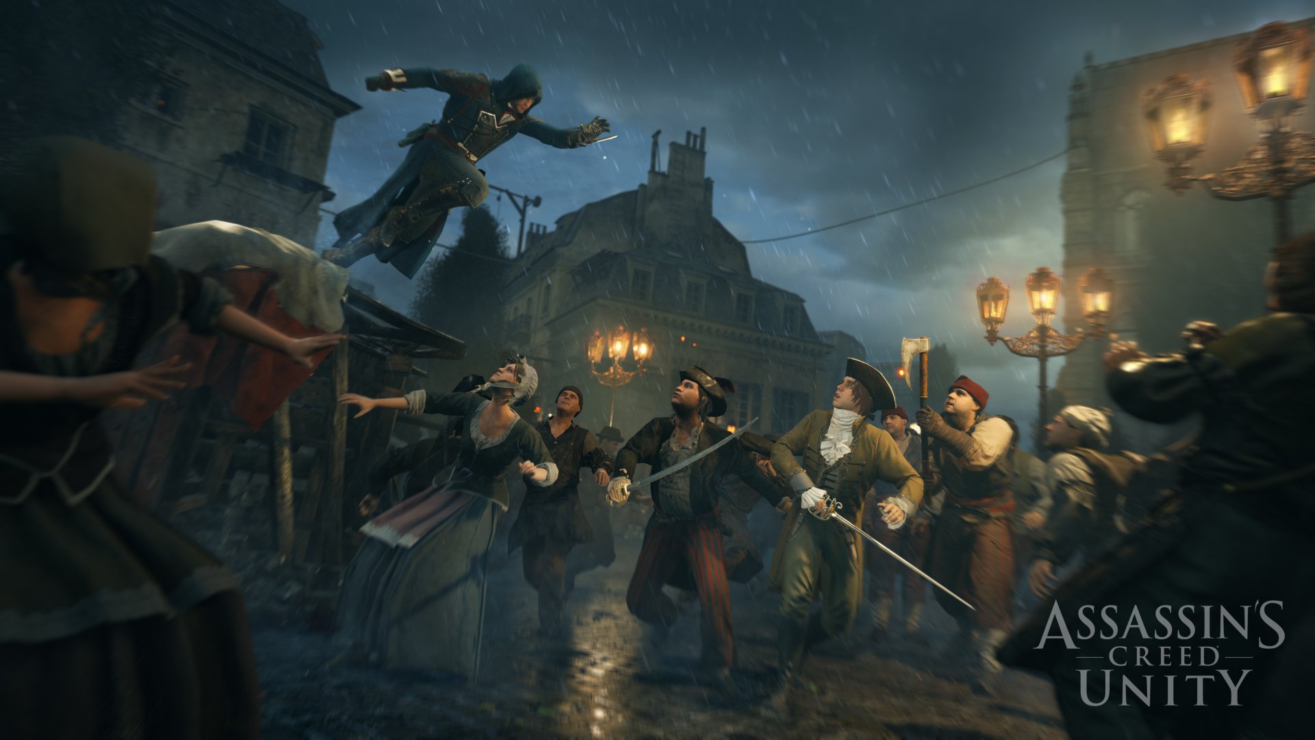 4K Ultra HD PC wallpaper featuring a dynamic Assassin's Creed: Unity scene with the protagonist leaping into a historic Parisian street battle at night.