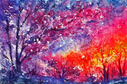 A vibrant artistic painting featuring bold hues of pink, purple, and orange, depicting trees against a dynamic sunset. This HD artwork makes a stunning desktop wallpaper.