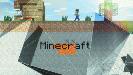 HD desktop wallpaper featuring Minecraft, showing a pixelated character aboveground and the game's logo underground with a layered terrain view.