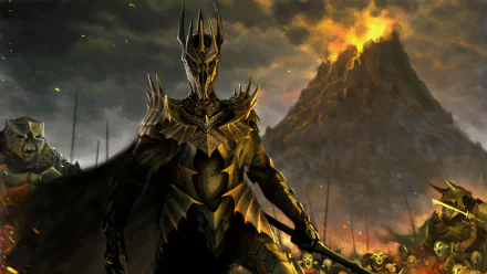 A dramatic fantasy scene from The Lord Of The Rings, featuring a dark figure in armor amidst a fiery landscape, showcasing epic conflict and the allure of a fantasy world.