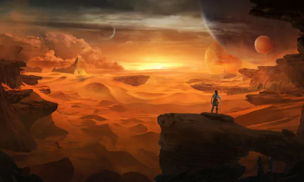 A breathtaking sci-fi landscape featuring vast desert dunes under a vibrant sunset, with distant planets and celestial bodies enhancing the otherworldly scene.