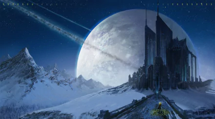 HD fantasy desktop wallpaper depicting a majestic castle on a snowy mountain under a large, glowing moon with a starry night sky.