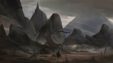 Dark, mysterious mountainous landscape from the video game Styx: Master of Shadows, featuring eerie peaks and a shadowy figure, captured in HD for a PC desktop wallpaper.