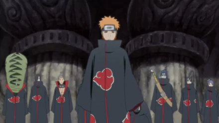 HD wallpaper featuring characters from Naruto Shippuden: Ultimate Ninja Storm Revolution. Depicts Pain, Konan, Itachi Uchiha, Kisame Hoshigaki, Orochimaru, Hidan, and Zetsu wearing Akatsuki cloaks.