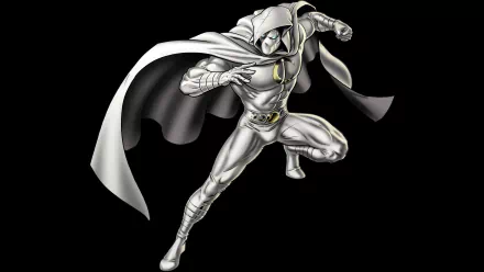 HD PC desktop wallpaper featuring Moon Knight in a dynamic pose, showcasing his iconic white costume and flowing cape against a dark background.