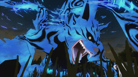 A dynamic HD wallpaper featuring Matatabi, the two-tailed beast from Naruto, showcasing its fierce appearance and vibrant blue colors in a scene from Naruto Shippuden: Ultimate Ninja Storm Revolution.