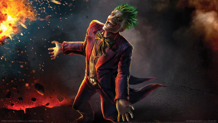 HD PC desktop wallpaper of the Joker from the video game Infinite Crisis, featuring the character in a dynamic pose with fiery and smoky background elements.