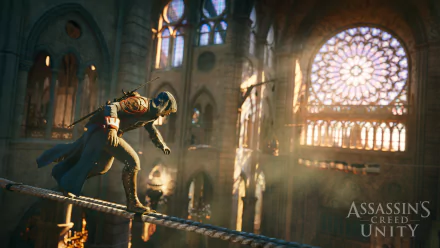 HD desktop wallpaper from Assassin's Creed: Unity featuring a character stealthily balancing on a rope inside a grand, sunlit cathedral.