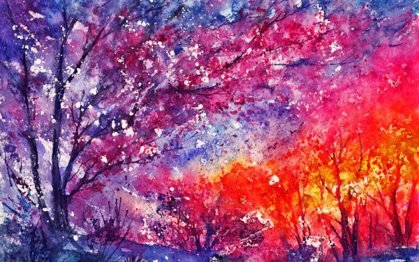 A vibrant artistic painting featuring bold hues of pink, purple, and orange, depicting trees against a dynamic sunset. This HD artwork makes a stunning desktop wallpaper.