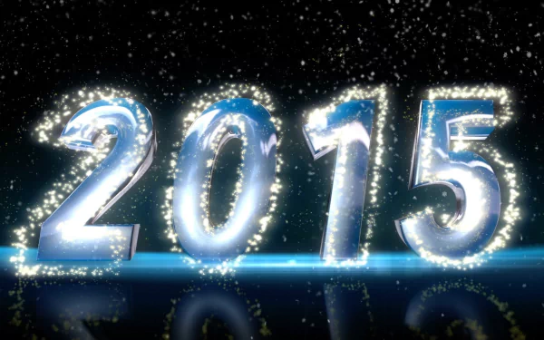 HD PC desktop wallpaper: glittering 2015 numerals glowing above a reflective surface with falling confetti — New Year party celebration holiday background.