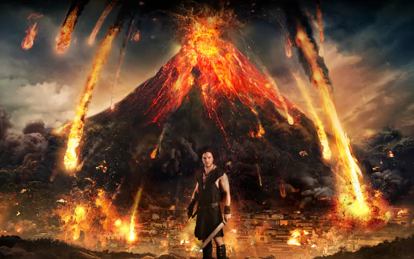 HD PC desktop wallpaper from the movie Pompeii (2014): a lone warrior stands before an erupting volcano as fiery lava meteors rain down on a burning city.