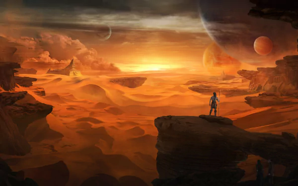 A breathtaking sci-fi landscape featuring vast desert dunes under a vibrant sunset, with distant planets and celestial bodies enhancing the otherworldly scene.