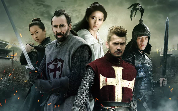 A dramatic scene from Outcast, featuring warriors Liu Yifei, Hayden Christensen, and Nicolas Cage, depicting a medieval setting with knights and swords.