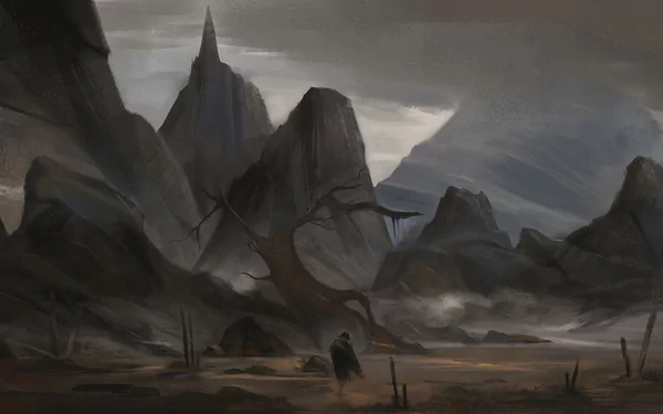 Dark, mysterious mountainous landscape from the video game Styx: Master of Shadows, featuring eerie peaks and a shadowy figure, captured in HD for a PC desktop wallpaper.