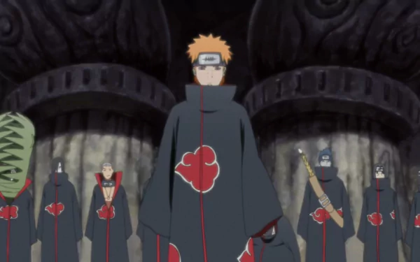 HD wallpaper featuring characters from Naruto Shippuden: Ultimate Ninja Storm Revolution. Depicts Pain, Konan, Itachi Uchiha, Kisame Hoshigaki, Orochimaru, Hidan, and Zetsu wearing Akatsuki cloaks.