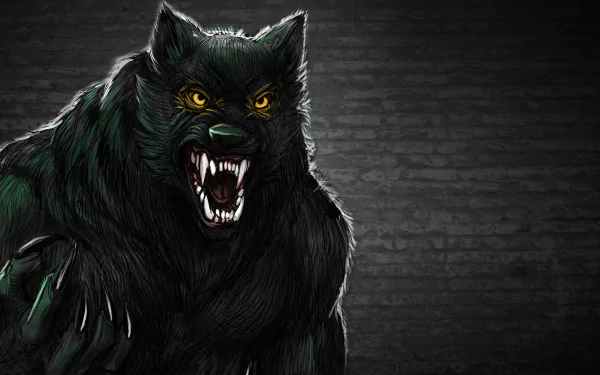 A fierce werewolf with glowing yellow eyes and bared teeth stands against a dark, textured background, creating a striking HD wallpaper for your PC.