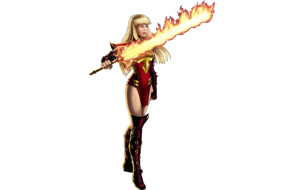 A striking HD desktop wallpaper featuring Magik from Marvel Comics, wielding a fiery sword, exuding power and confidence in a dynamic pose.
