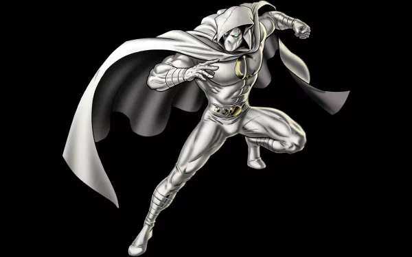 HD PC desktop wallpaper featuring Moon Knight in a dynamic pose, showcasing his iconic white costume and flowing cape against a dark background.
