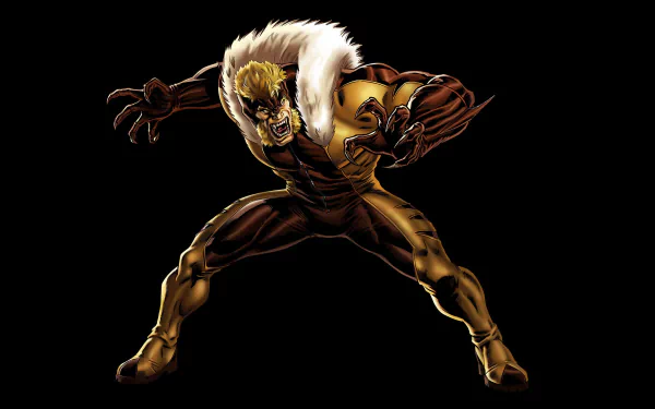 HD PC desktop wallpaper featuring Sabretooth from X-Men in a dynamic, aggressive pose against a black background, showcasing his muscular build and fierce expression.