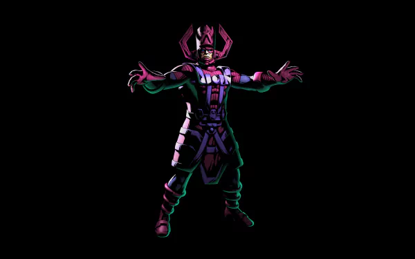 An HD desktop wallpaper featuring Galactus from comics, showcasing the character in a striking pose against a black background, highlighting his iconic design and grandeur.