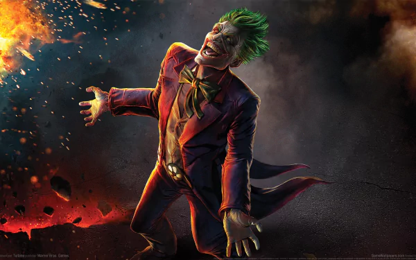HD PC desktop wallpaper of the Joker from the video game Infinite Crisis, featuring the character in a dynamic pose with fiery and smoky background elements.