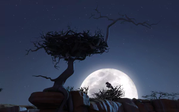 HD PC desktop wallpaper from the movie Khumba showing a silhouetted bird perched in a nest on a twisted tree branch under a large full moon in a starry night sky.