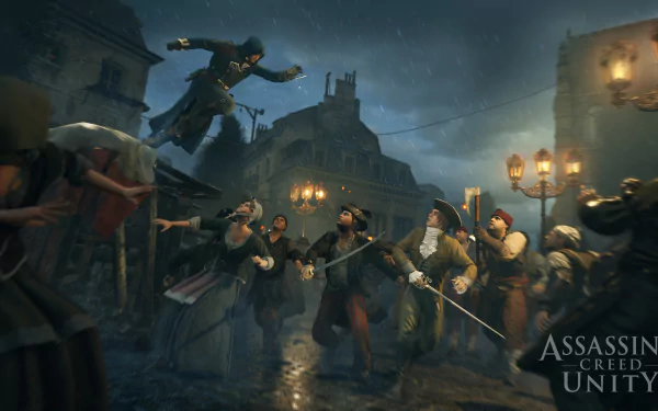 4K Ultra HD PC wallpaper featuring a dynamic Assassin's Creed: Unity scene with the protagonist leaping into a historic Parisian street battle at night.