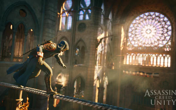 HD desktop wallpaper from Assassin's Creed: Unity featuring a character stealthily balancing on a rope inside a grand, sunlit cathedral.