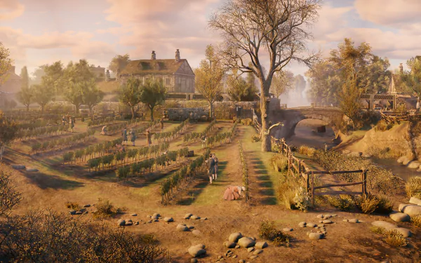 4K Ultra HD PC desktop wallpaper from Assassin's Creed: Unity showing a serene countryside with a stone bridge, farmland, and a house under a soft golden sky.