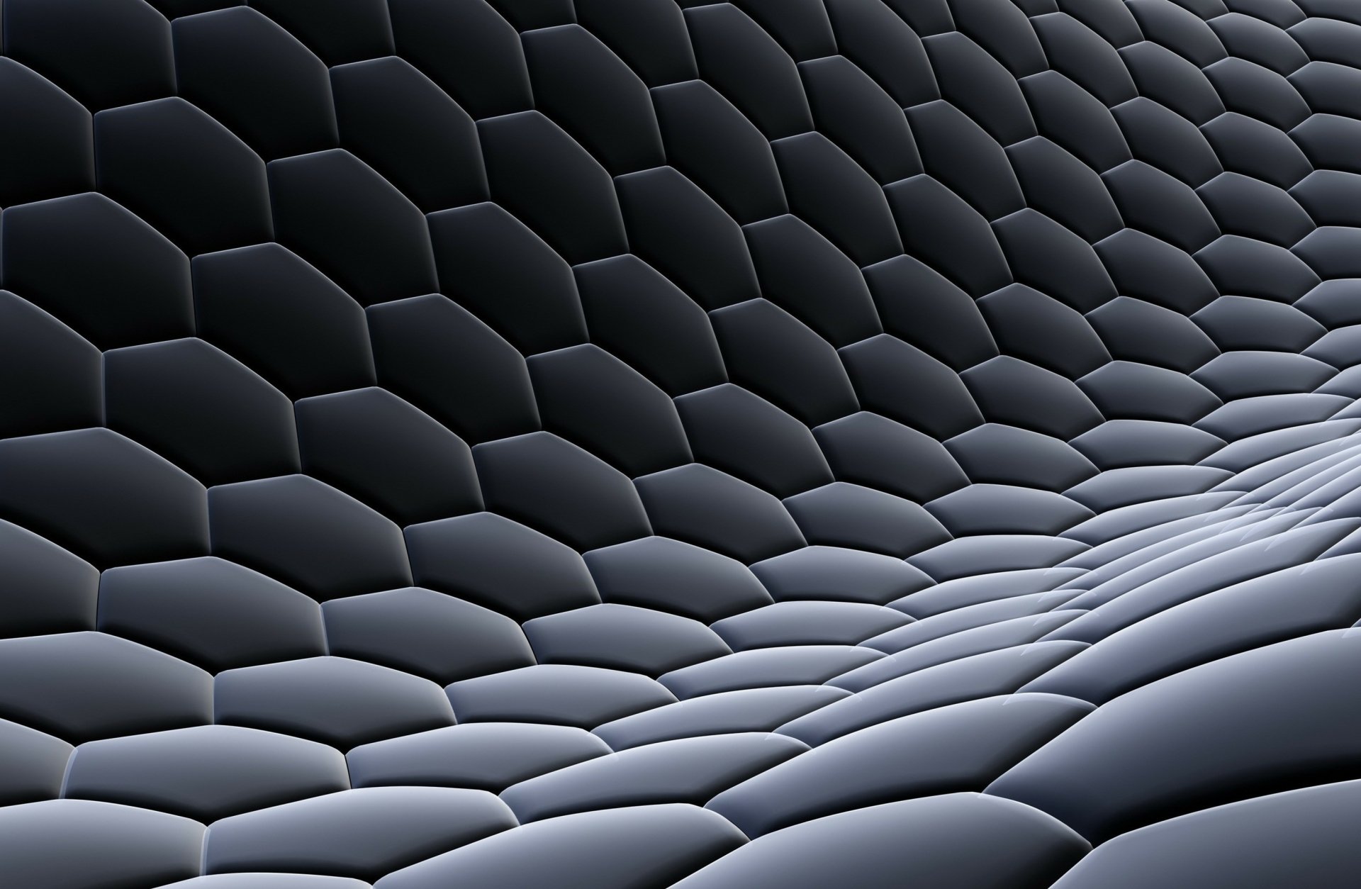 Abstract artistic pattern of interconnected hexagons creating a flowing, three-dimensional effect in dark tones, designed as an HD PC desktop wallpaper and background.