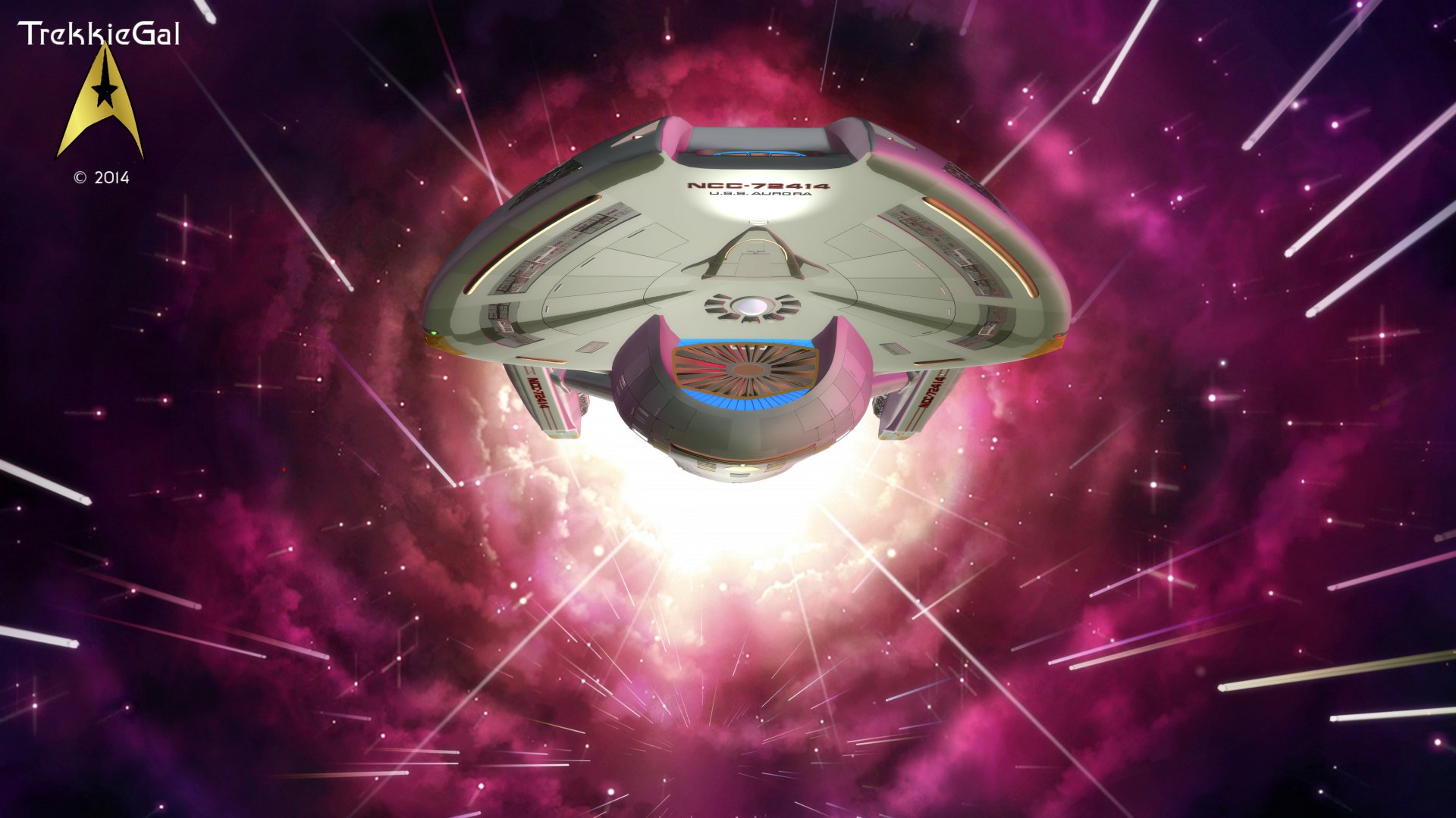 Star Trek starship flies through a vibrant purple nebula with streaks of light, rendered in 4K Ultra HD for a striking sci-fi PC desktop wallpaper.