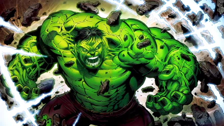HD wallpaper of a comic-style Hulk, powerfully bursting upwards amid shattered debris, showcasing intense detail and vibrant green tones.