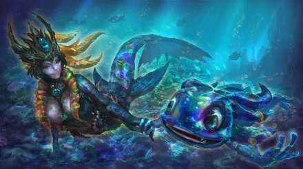 A vibrant HD wallpaper featuring Fizz and Nami from League of Legends, set in an underwater scene filled with colorful marine life and shimmering light effects.