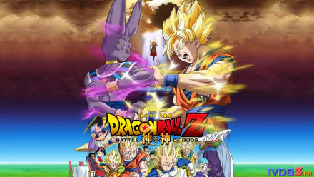 HD desktop wallpaper featuring characters from Dragon Ball Z: Battle of Gods, with Goku in Super Saiyan form clashing with Beerus.