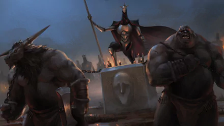 HD PC desktop wallpaper and background from the video game Endless Legend: a crowned spear-bearing commander stands on a stone dais, flanked by two chained, hulking armored beasts under a stormy sky.
